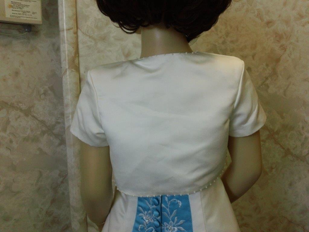 long ivory flower girl dress with pool blue